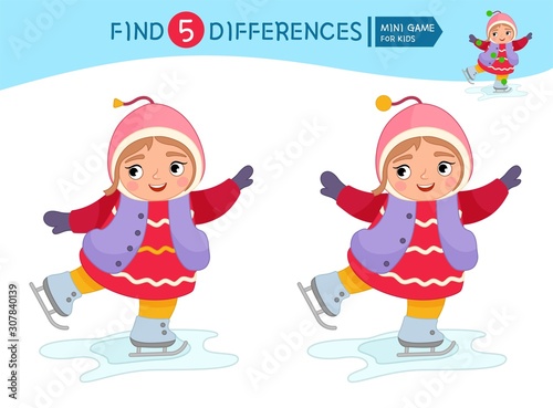 Find differences.  Educational game for children. Cartoon vector illustration of cute girl skates.
