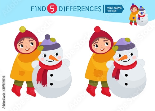 Find differences.  Educational game for children. Cartoon vector illustration of cute girl sculpts a snowman.