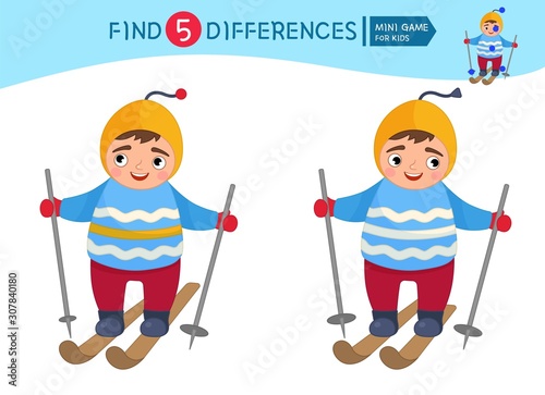 Find differences.  Educational game for children. Cartoon vector illustration of cute boy boy is skiing. Winter entertainment.