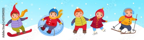 Vector illustration of cute children in winter clothes. Winter activities - skiing, ice skating, snowboarding and sleigh rides.