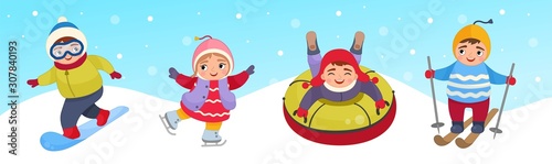 Vector illustration of cute children in winter clothes. Winter activities - skiing, ice skating, snowboarding and sleigh rides.