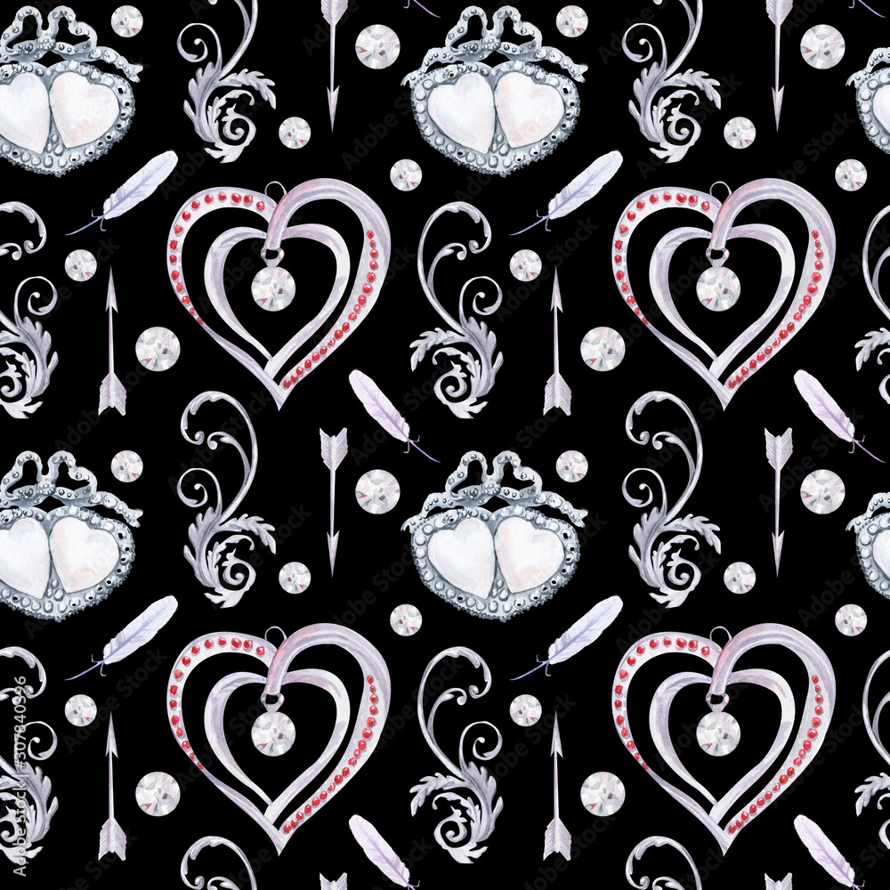 Fototapeta premium Watercolor Seamless Pattern. Vintage Diamonds Hearts Clipart. Valentines Day Wedding cards. Hand Painted Jewelry. Antique silver. Retro heart. Scrapbooking