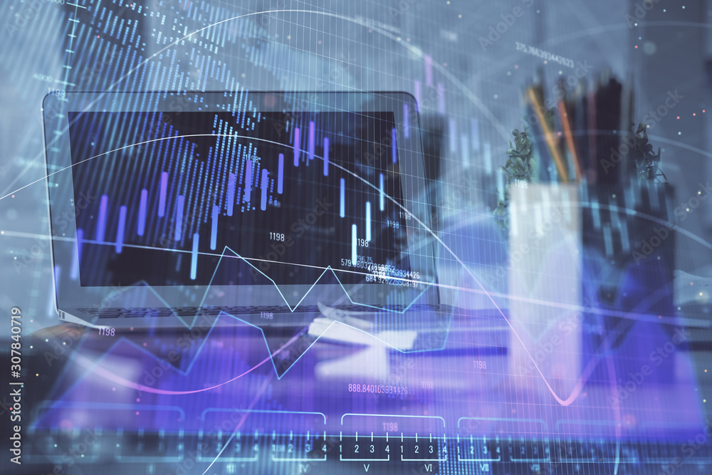 Stock market graph and table with computer background. Double exposure. Concept of financial analysis.