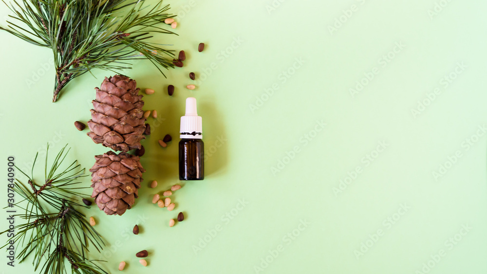 concept of natural cosmetics, pine cones with nuts and a bottle of oil on a green background concept of natural cosmetics, pine cones with nuts and a bottle of oil on a green background