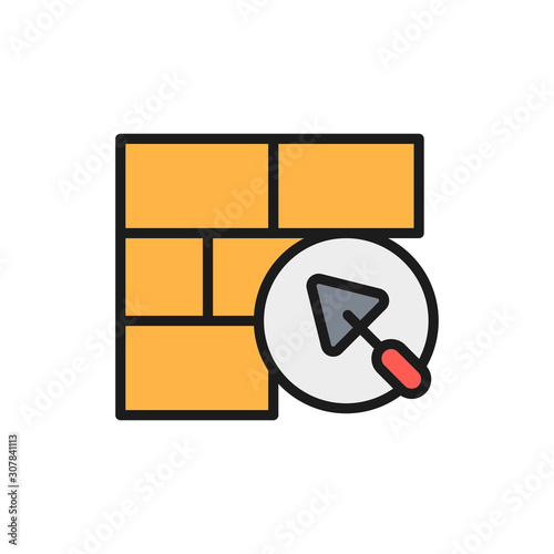 Brick wall with putty knife, repair bricklaying, construction color line icon.