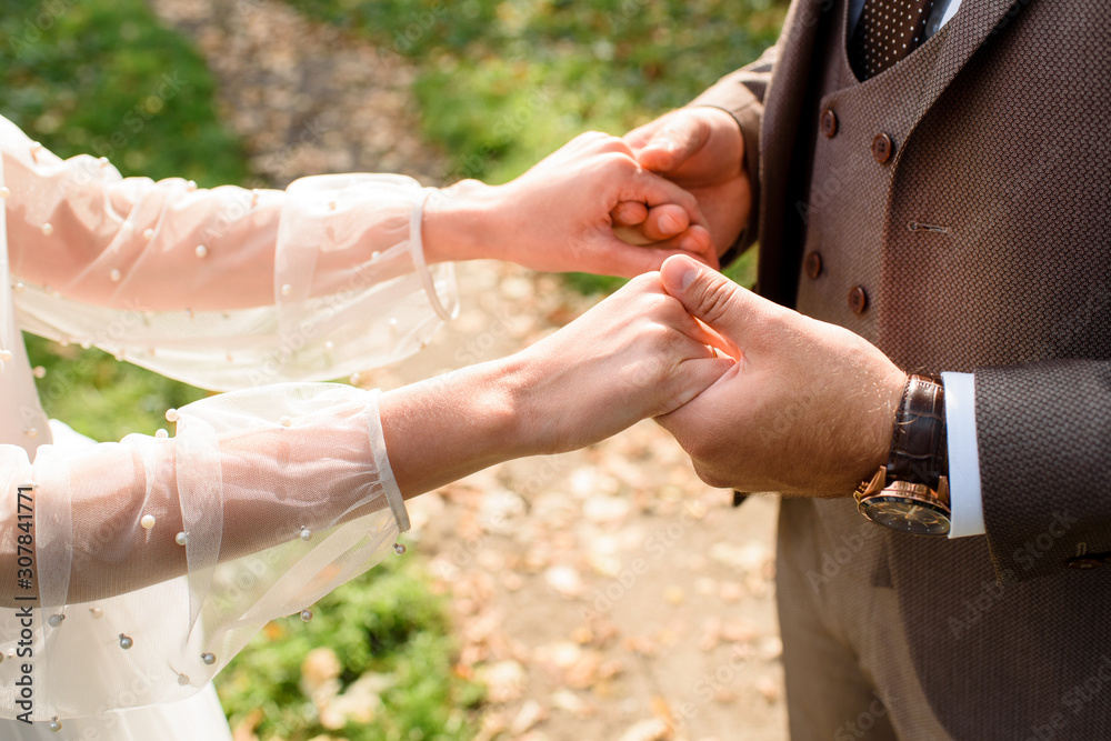 Newlyweds hold hands in the summer park on a background of grass. Sunny weather. Back light. Newlyweds hold hands in the summer park on a background of grass. Sunny weather. Back light.