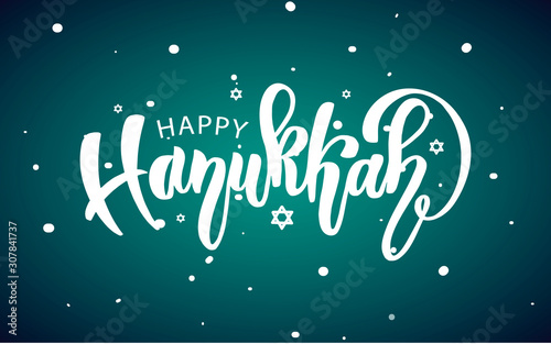 Hand drawn Happy Hanukkah typography card, poster. Celebration quote on textured background for postcard, icon, logo or badge. Winter vector banner vintage style calligraphy