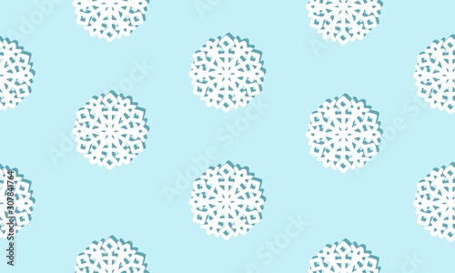 Blue seamless winter pattern with white snowflakes with a dark blue shadow. Vector graphic illustration for Merry Christmas and Happy New Year.