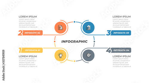 Infographic design template with marketing icons and thin line simple elements. Business concept with 4 options, steps or process. Vector illustration.