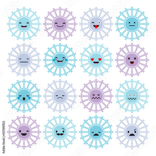 Collection of Emotions Knitted Snowflakes. Cute cartoon. Vector style smile icons. Vector illustration for web design or print.