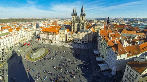 Aerial view of the Old Town Square (Staromestske namesti or Staromak), historic square in the Old Town quarter of Prague, the capital of the Czech Republic. Time Lapse. 4K UltraHD video photo