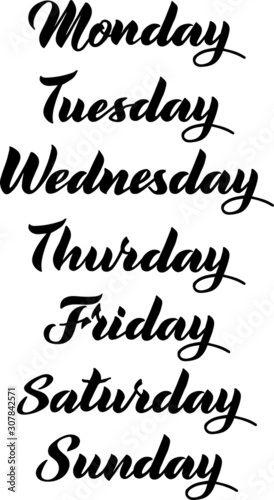 Days of the week vector lettering for calendar, cards, poster and your projects. Monday, Tuesday, Wednesday, Thursday, Friday, Saturday - Isolated on white.
