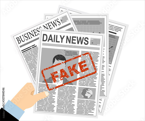 Fake Online news, laptop and business hand holding a newspaper, flat design vector illustration 