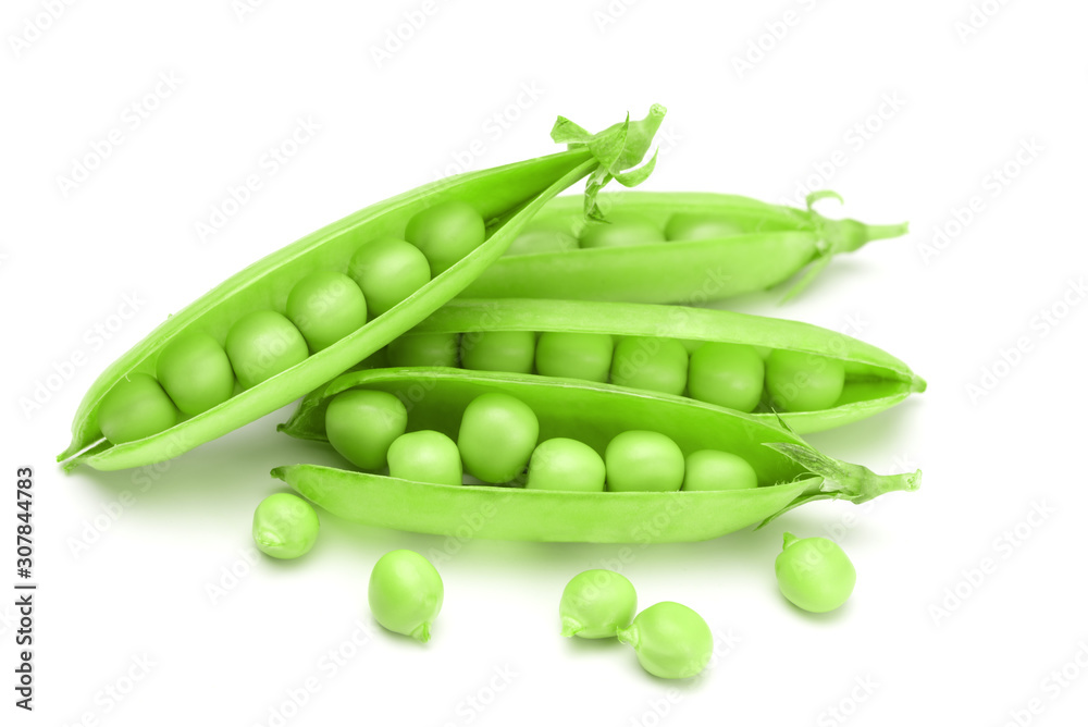 Closeup top view fresh green peas isolated on white background, healthy food concept Closeup top view fresh green peas isolated on white background, healthy food concept