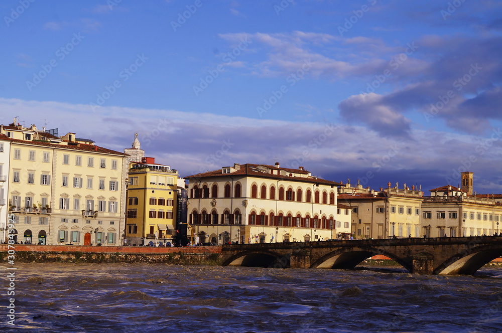 The swollen river Arno in Florence, Italy
