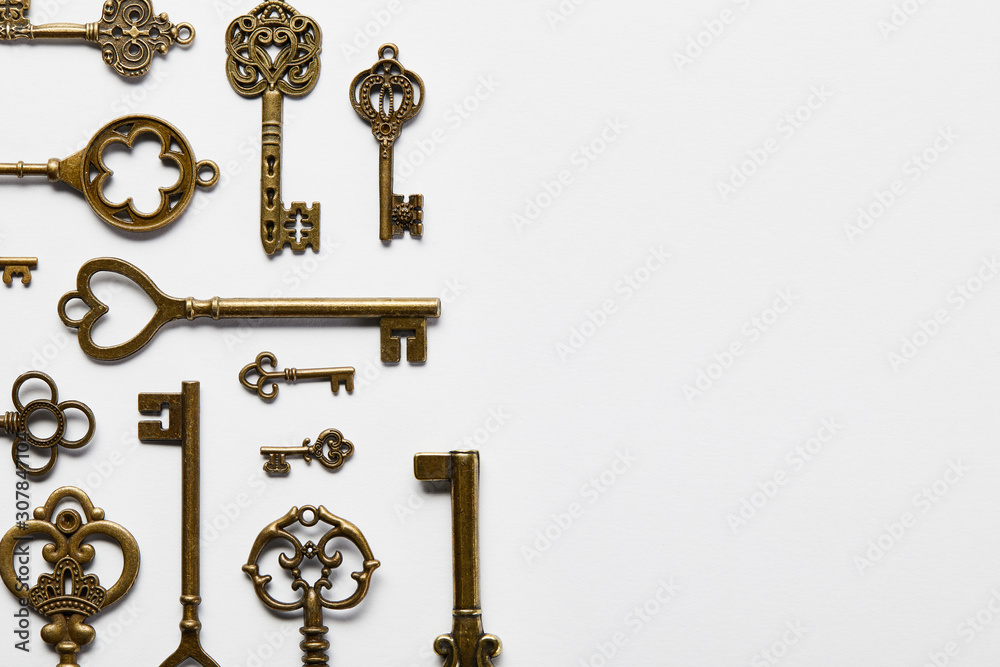 top view of retro keys on white background with copy space top view of retro keys on white background with copy space