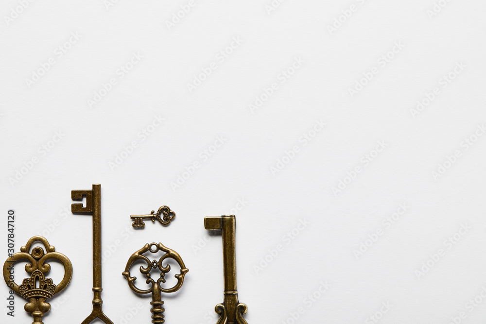 top view of retro keys on white background with copy space top view of retro keys on white background with copy space