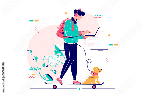 Young man freelancer with dog using laptop run on skateboard.