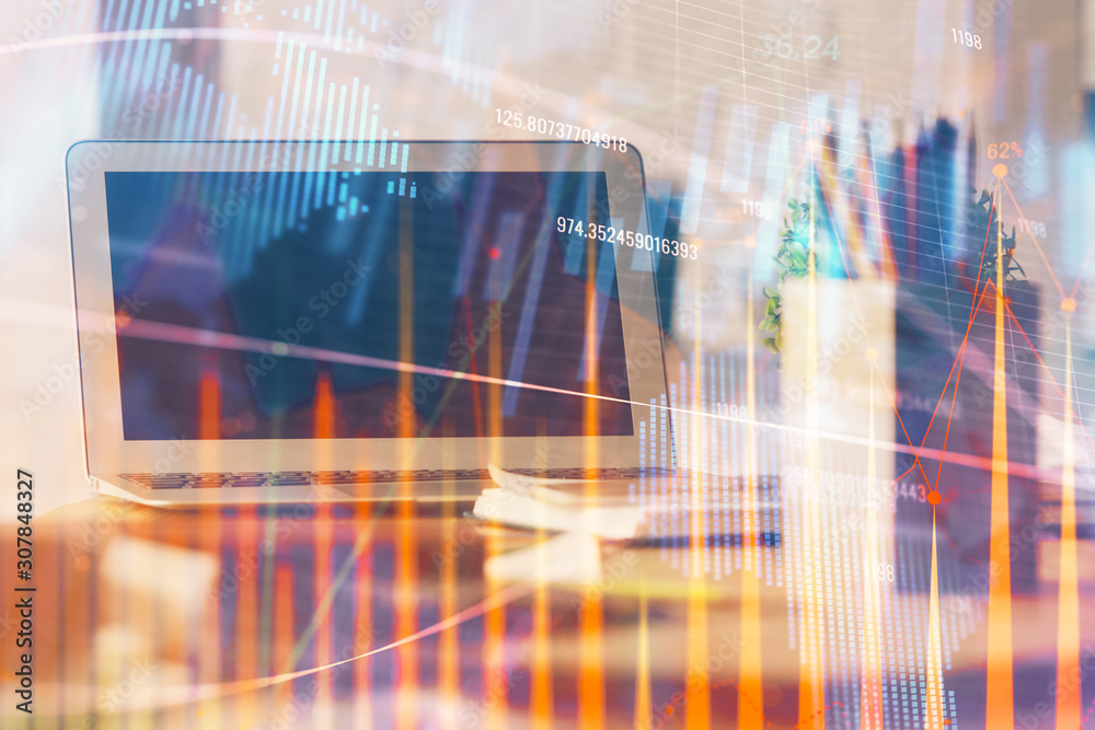 Stock market graph and table with computer background. Multi exposure. Concept of financial analysis. Stock market graph and table with computer background. Multi exposure. Concept of financial analysis.