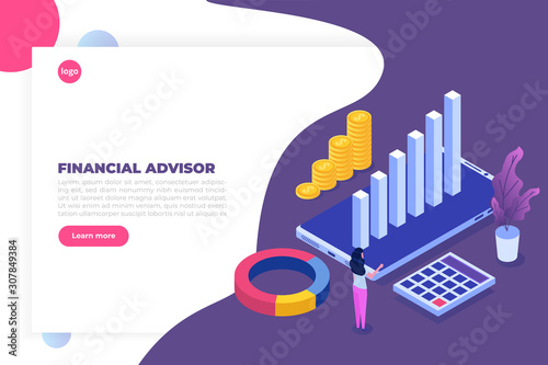Financial advisor or administration isometric concept with characters. Hero images. Vector illustration isolated on white background.
