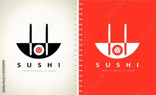 Asian food rolls logo vector. Sushi design vector illustration. Plate and chopsticks for sushi.