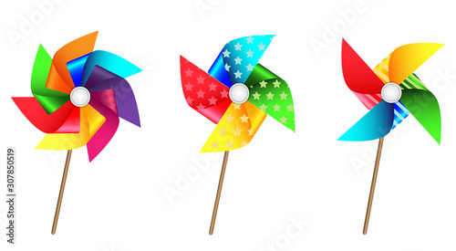 Colourful cute pinwheel set for party or birthday celebration. Children paper toy. Vector illustration