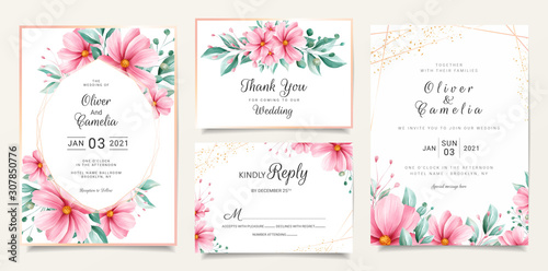 Watercolor floral wedding invitation card template set with flowers and gold line. Botanic illustration for background, save the date, invitation, greeting card, etc
