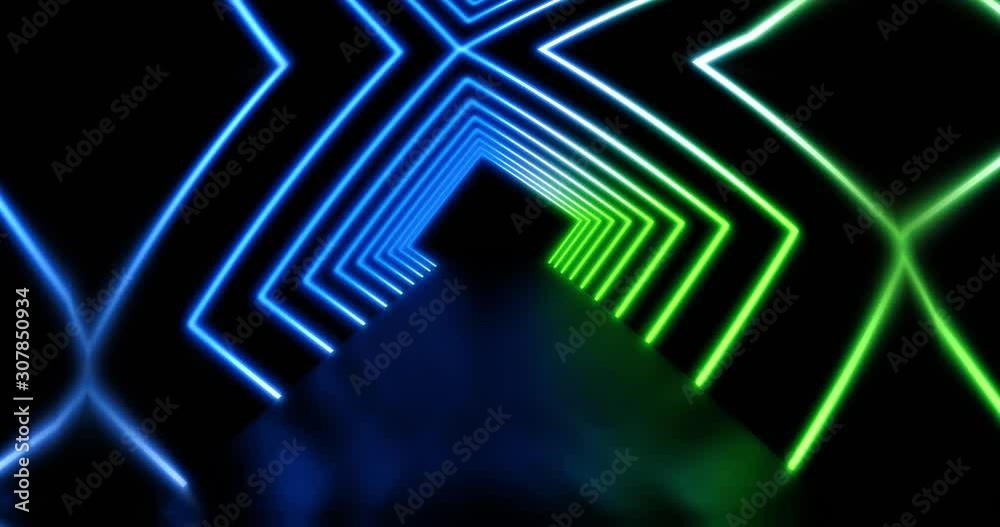 Neon lines abstract tunnel or glowing path a matrix of light. Colourful beams of light in a pattern - 4K loop