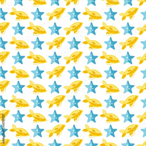 Seamless patterns on a white background in a flat style with elements of fish and starfish. Texture for web page  greeting cards  posters and banners. Prints on fabric and paper.