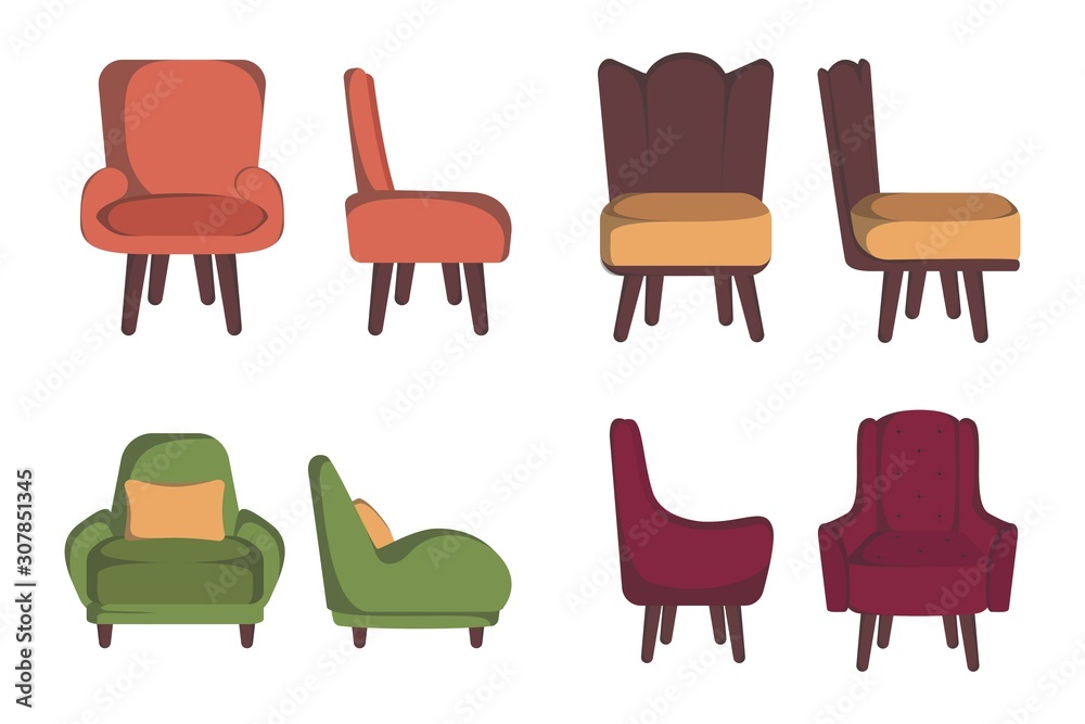 Fototapeta premium Retro armchair set. Soft upholstery chair, comfortable seat, lobby, lounge room, living, bedroom furniture. Vector flat style cartoon illustration isolated on white background, different views, color