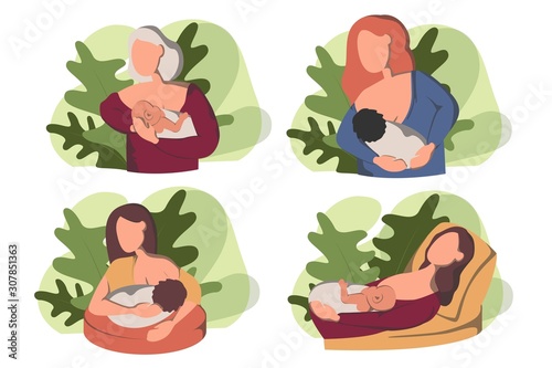 Breastfeeding position. Mother feeds baby with breast. Comfortable pose. Flat design illustration of breastfeeding concept. Colorful cartoon character mother feeding baby.