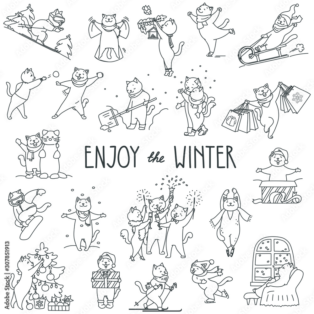 Enjoy the winter. Doodle illustration of cute white cats enjoying winter. Vector 8 EPS Enjoy the winter. Doodle illustration of cute white cats enjoying winter. Vector 8 EPS