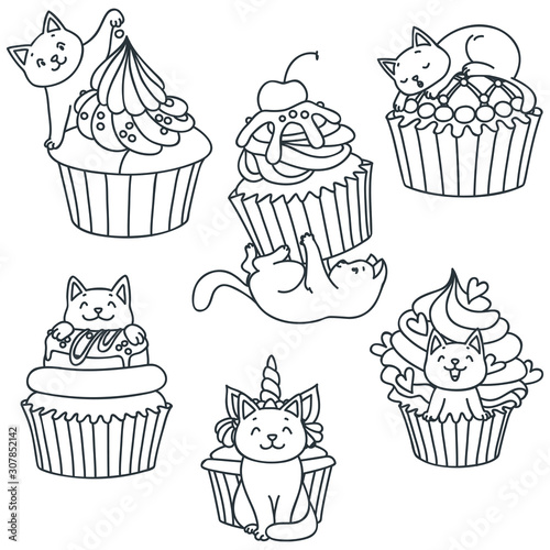 Set of kittens and cupcakes. Back and white doodle illustration of a cute little kittens with cupcakes isolated on white. Vector 8 EPS.