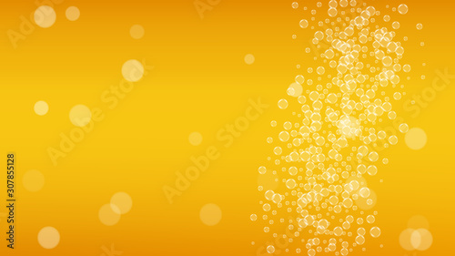 Craft beer background. Lager splash. Oktoberfest foam. bar flyer layout. Festive pint of ale with realistic white bubbles. Cool liquid drink for Yellow jug with craft beer background.