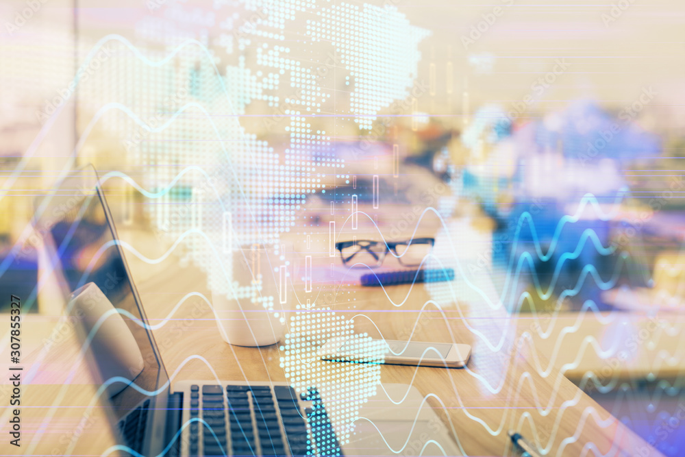 Stock market graph and table with computer background. Double exposure. Concept of financial analysis.