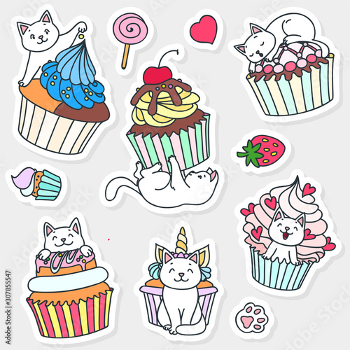 Set of cute stickers. Illustration of funny white cats with cupcakes. Vector 8 EPS