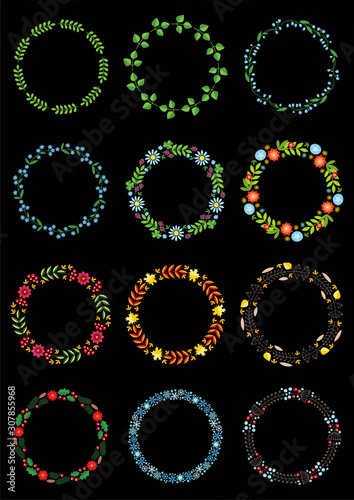 Floral frames. Set of 12 beautiful floral round frames for every month of the year. Illustration in flat design isolated on black background. Vector 8 EPS.