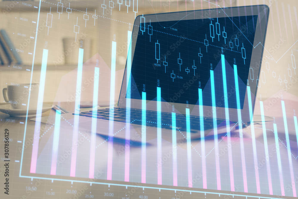 Stock market graph and table with computer background. Double exposure. Concept of financial analysis. Stock market graph and table with computer background. Double exposure. Concept of financial analysis.