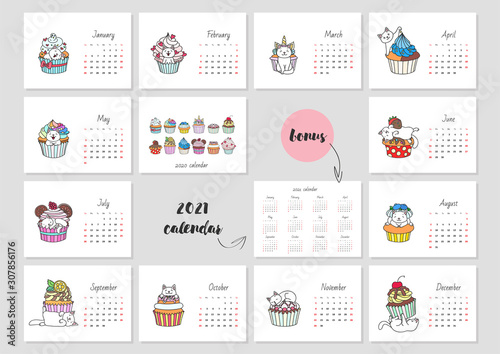 Calendar 2020. Monthly calendar 2020 template with cute white cats playing with cupcakes. Bonus - 2021 calendar. Vector   illustration 8 EPS.