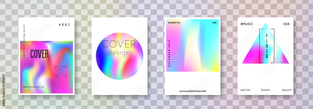 Holographic fluid set. Abstract backgrounds. Vibrant holographic fluid with gradient mesh. 90s, 80s retro style. Pearlescent graphic template for placard, presentation, banner, brochure.