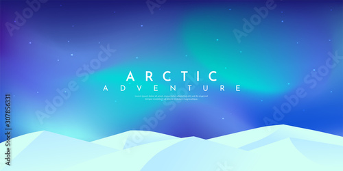 Vector minimalist landscape. Flat design. Website or game template. Polar light at Aqua Menthe trendy color. Pastel soft colors. White mountain. North. Aurora borealis. Arctic bright wallpaper.