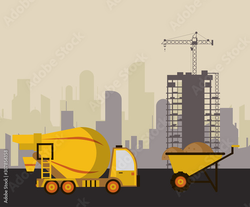 under construction scene with concrete mixer truck