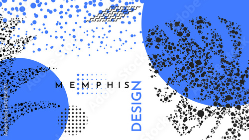 Trend poster. Bright dotted geometric leaves foliage. Blue color elements composition. Background in restrained style. Magazine, leaflet, billboard, sale, website template. Monstera. Large plants 