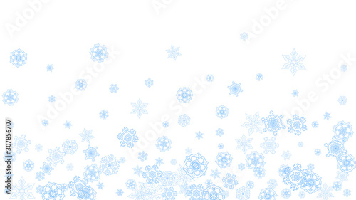 Winter frame with blue snowflakes for Christmas and New Year celebration. Horizontal winter frame on white background for banners, gift coupons, vouchers, ads, party events. Falling frosty snow.