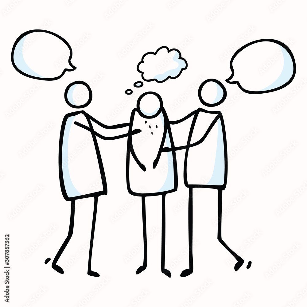 Crying Stick Figure with 2 People Comforting. Hand Drawn Isolated Flat
