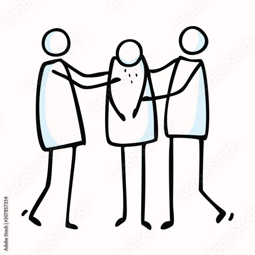Crying Stick Figure with 2 People Comforting. Hand Drawn Isolated Flat Black White Illustration. Compassion Communication Stickman Doodle Drawing Clipart. Healthcare, Sketchnote Motif. Vector EPS 10