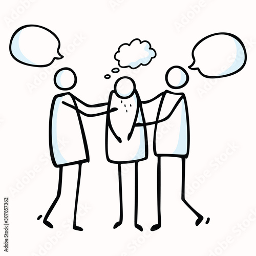 Crying Stick Figure with 2 People Comforting. Hand Drawn Isolated Flat Black White Illustration. Compassion Speech bubble Stickman. Doodle Drawing Clipart. Healthcare, Sketchnote Motif. Vector EPS 10