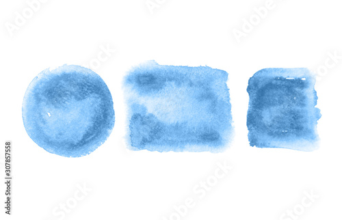 Three bright strokes of watercolor paint of different geometric shapes on a white paper background.