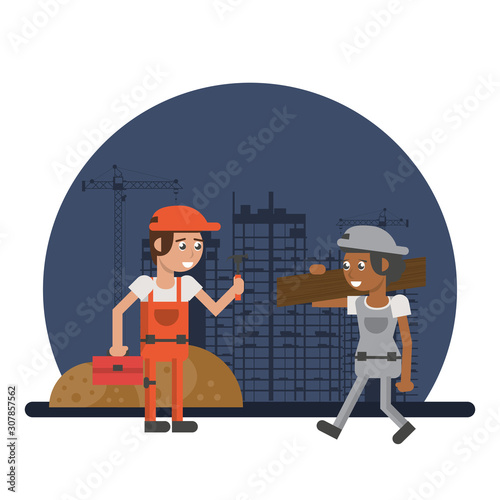 men builders working under construction scene