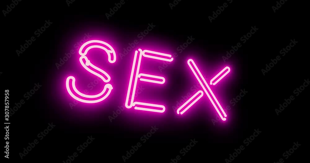 Neon sex sign as illuminated advertising for nightclub or massage. Glowing text message or fluorescent signage for love - 4k